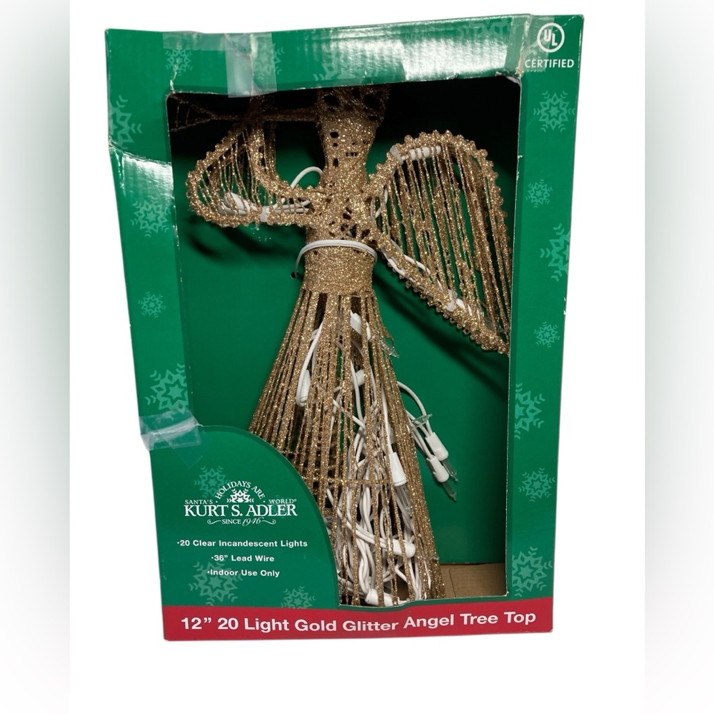 VTG Kurt Adler 12” Gold Glitter Angel Tree Top 20 Light in Box TESTED WORKS